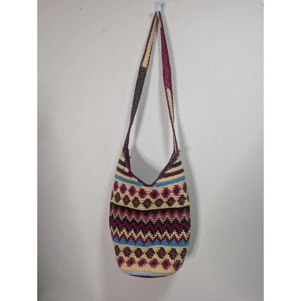 Vintage Crochet Bucket Bag Boho Indie Festival Hippie Shoulder Crossbody Purse